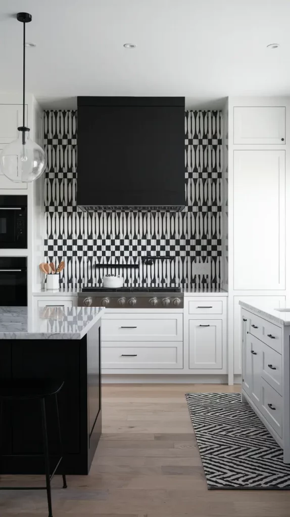 Monochrome kitchen with marble countertops