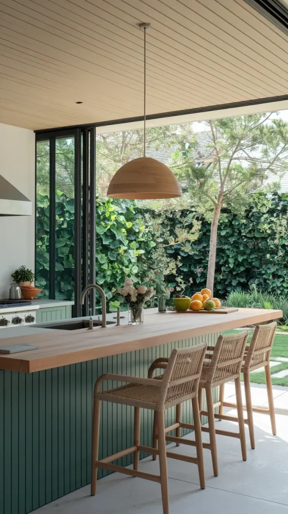 Indoor-outdoor kitchen with folding glass doors
