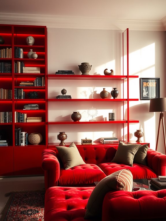 vibrant red bookshelf decor