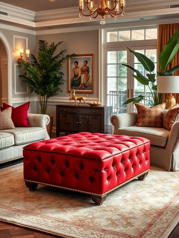 vibrant red upholstered ottomans