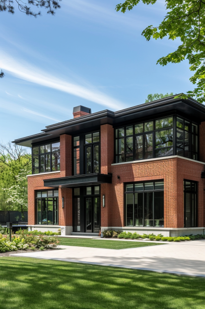 Contemporary red brick home with black trim