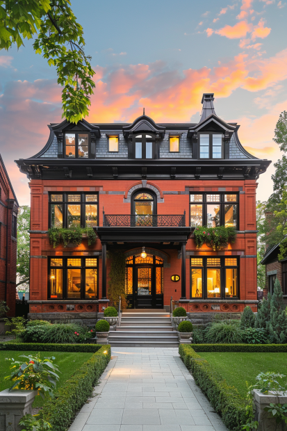 Grand red brick mansion with black trim
