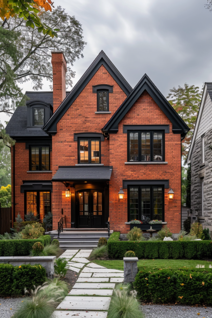 Classic red brick home with black trim
