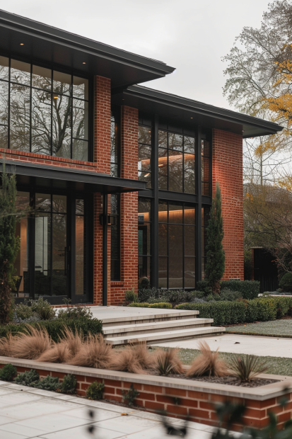 Minimalist red brick home with black trim