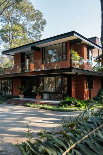 Modern red brick house surrounded by nature