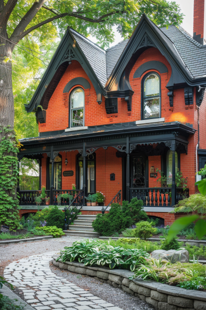 Vintage red brick home with black trim