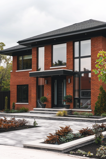 Contemporary red brick home with black trim