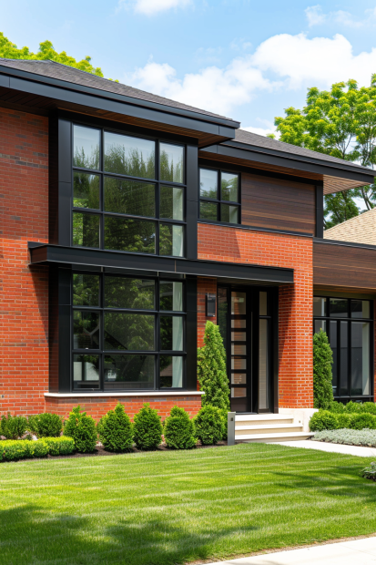 Modern red brick house with wood accents