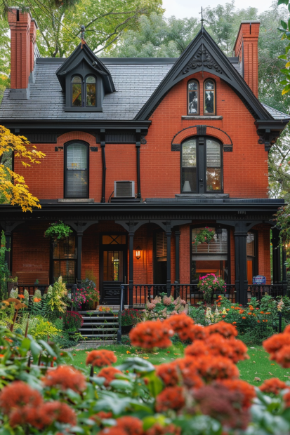 Victorian red brick home with black trim