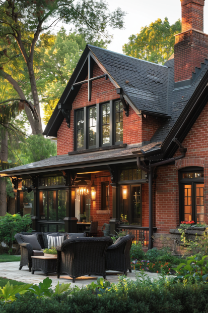 Cozy red brick home with black trim