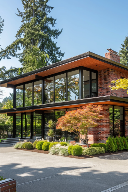 Modern red brick home with glass and black trim