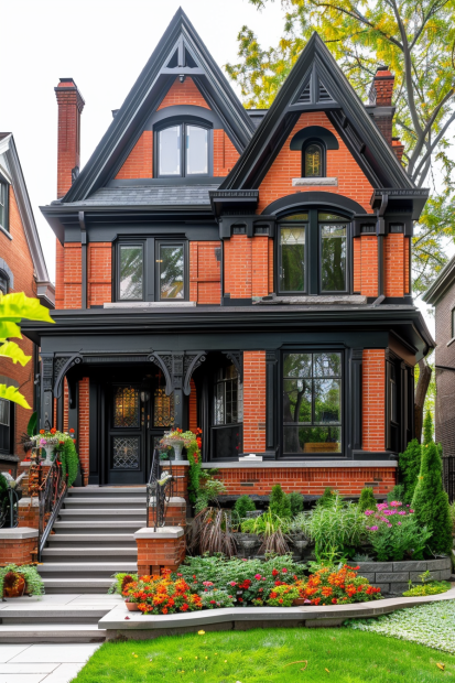 Victorian red brick house with black trim