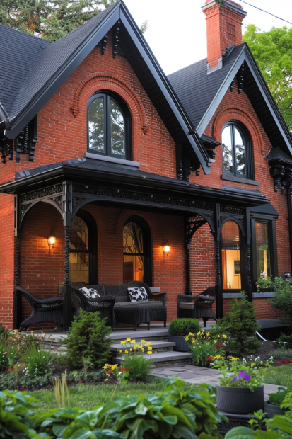 Victorian red brick home with black trim and porch