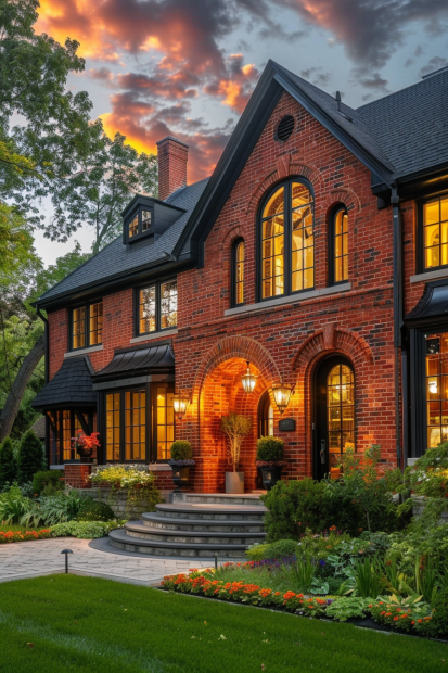Classic red brick home with black trim and arches