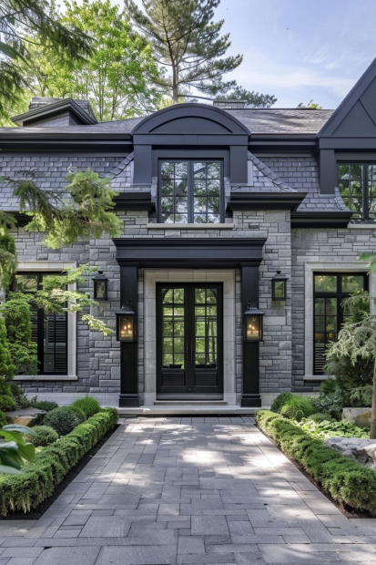Contemporary gray brick home with black trim