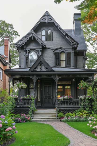 Victorian style gray brick home with black trim