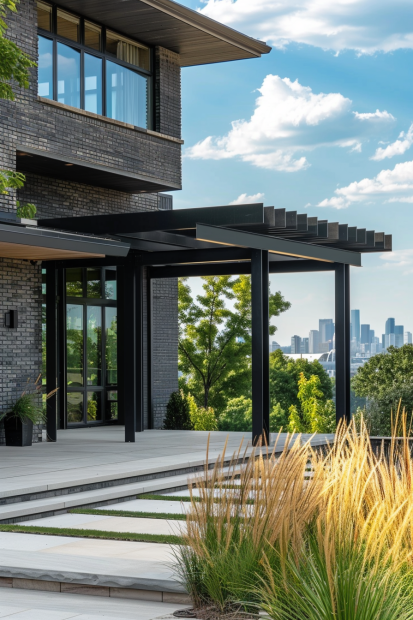 Urban gray brick home with black pergola