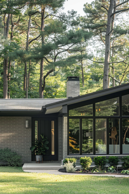 Modern gray brick home with large windows and black trim