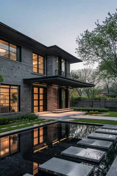 Gray brick home with black trim and reflection pool