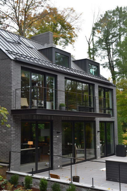 Modern gray brick home with black trim and deck