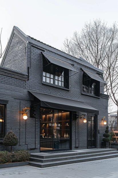 Industrial style gray brick building with black trim
