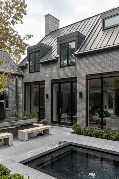 Modern gray brick home with courtyard and pool