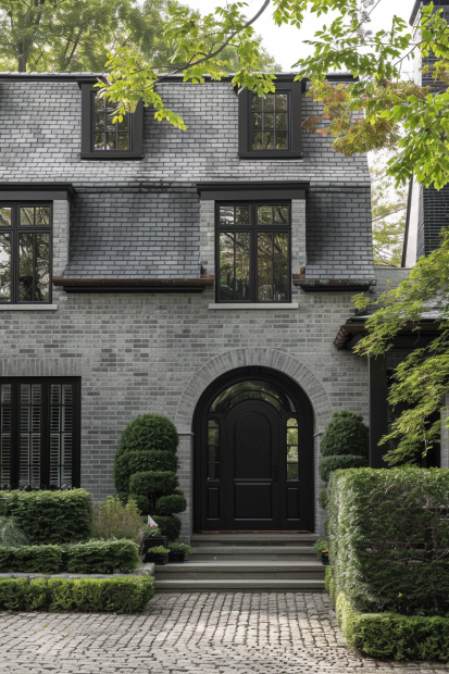 Elegant gray brick home with black trim and greenery