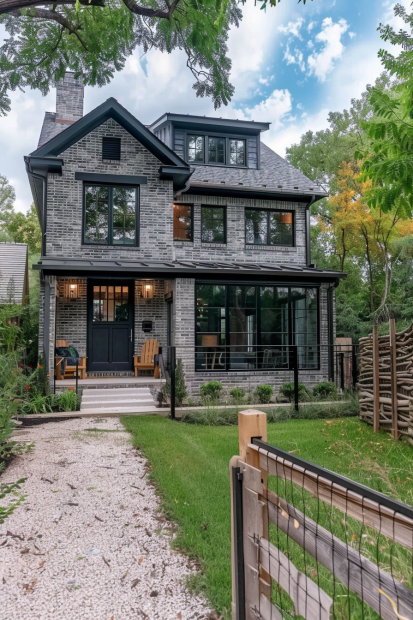 Gray brick home with black trim and porch seating