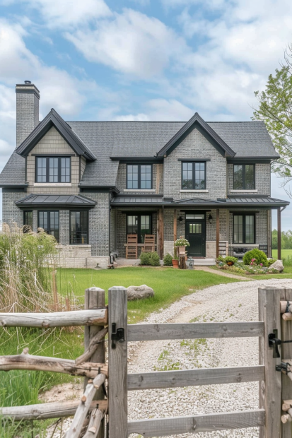 Rustic gray brick home with black trim and porch