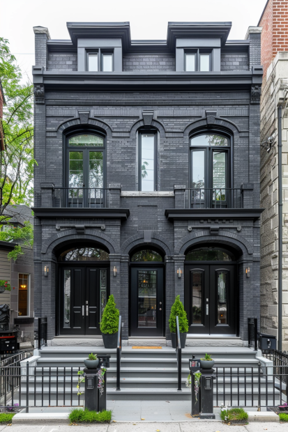 Classic gray and black brick home with arched windows
