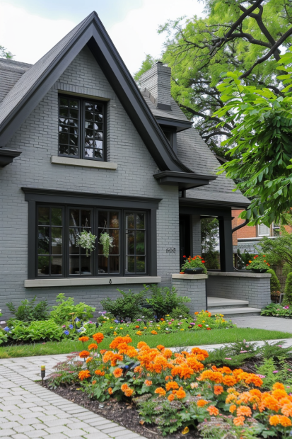 Cozy gray brick home with black trim and colorful garden