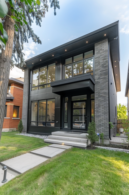 Modern gray brick home with black trim and balcony