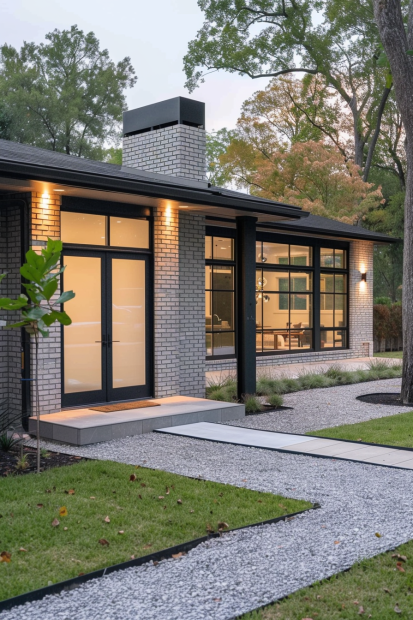 Contemporary gray brick home with black trim and landscaping
