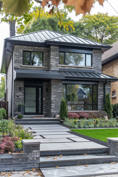 Modern gray brick home with black trim and geometric landscaping