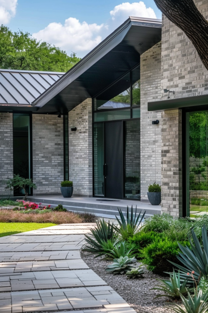 Desert-inspired gray brick home with black trim