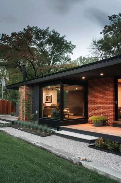Mid-century modern home with red brick and black siding