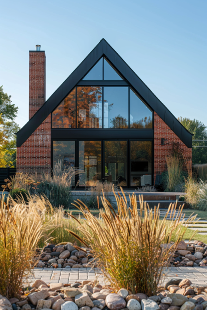 A-frame house with red brick and large glass windows
