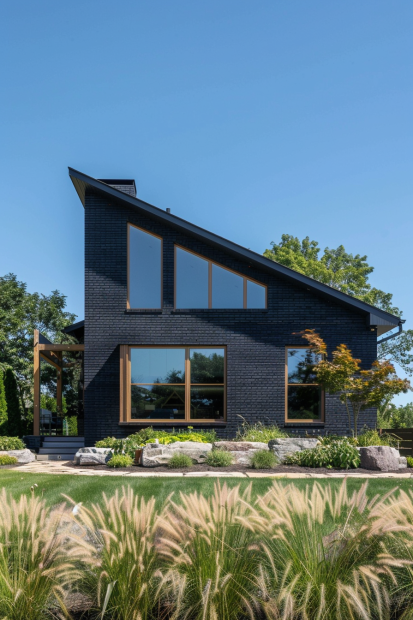 Modern house with black brick and wooden window frames