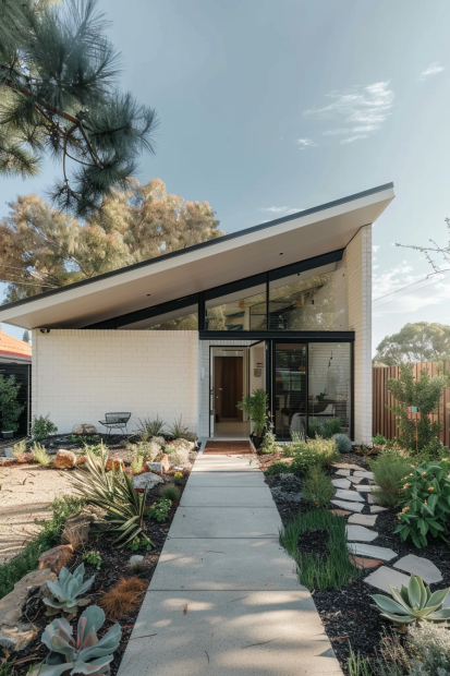 White brick house with slanted roof and large windows