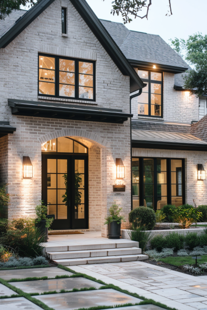 Light beige brick house with black window frames