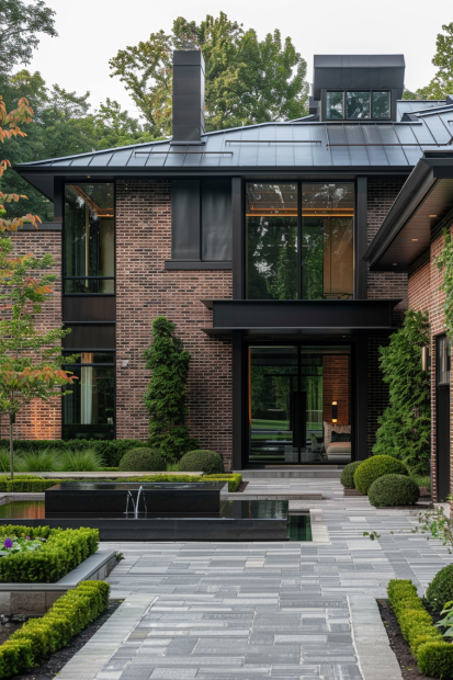 Dark brick luxury home with reflecting pool