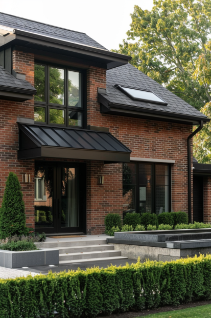 Red brick house with black metal accents