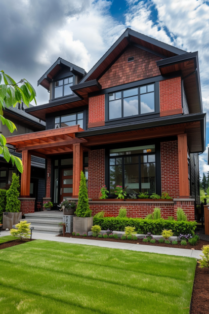 Craftsman style home with red brick and wood pergola