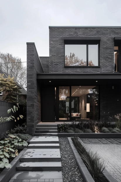 Dark gray brick house with minimalist landscaping