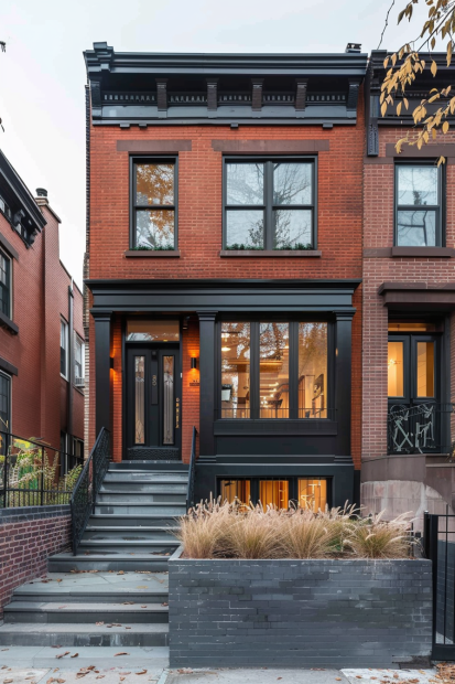 Townhouse with red brick and black window frames