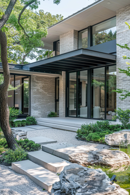 Modern home with light brick and large glass windows