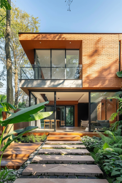 Tropical style home with orange brick and glass balcony