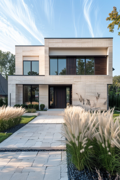 Minimalist home with light cream brick and black windows