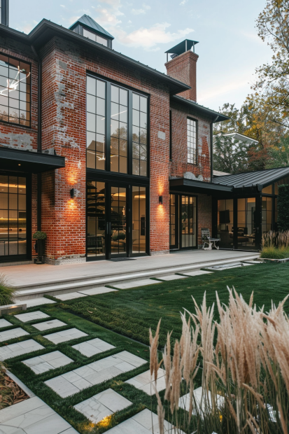Industrial style home with red brick and black window frames