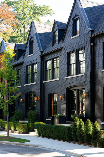 Townhomes with charcoal brick and steep gabled roofs
